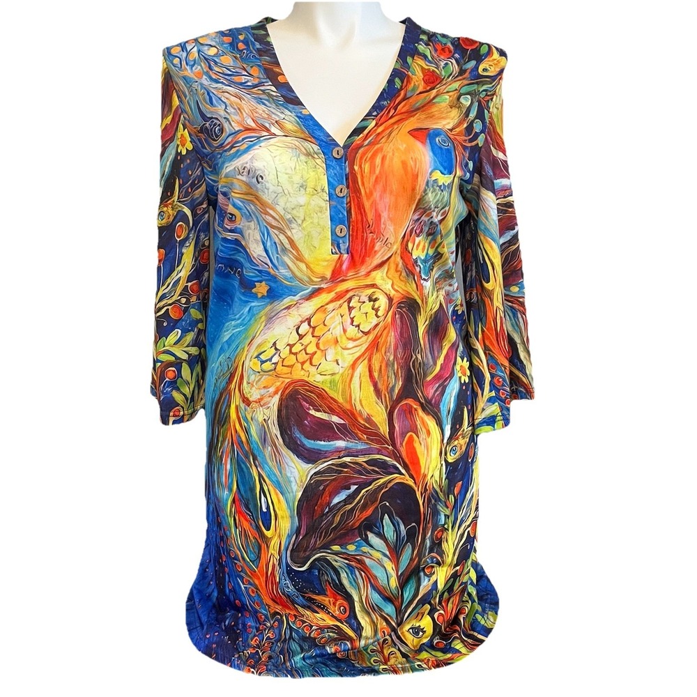 Women's‎ XL Tropical Print Dress V Neck Wooden Buttons Beachy Resort Maximalist